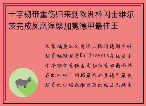 十字韧带重伤归来到欧洲杯闪击维尔茨完成凤凰涅槃加冕德甲最佳王